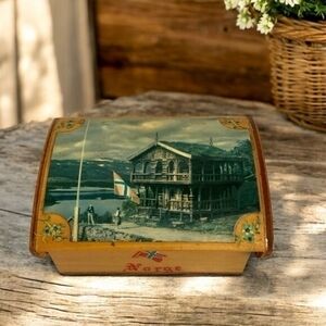 Vintage Norwegian Wood Trinket Box 4.75x3.75x2.25" Enamel Picture Norge Souvenir
